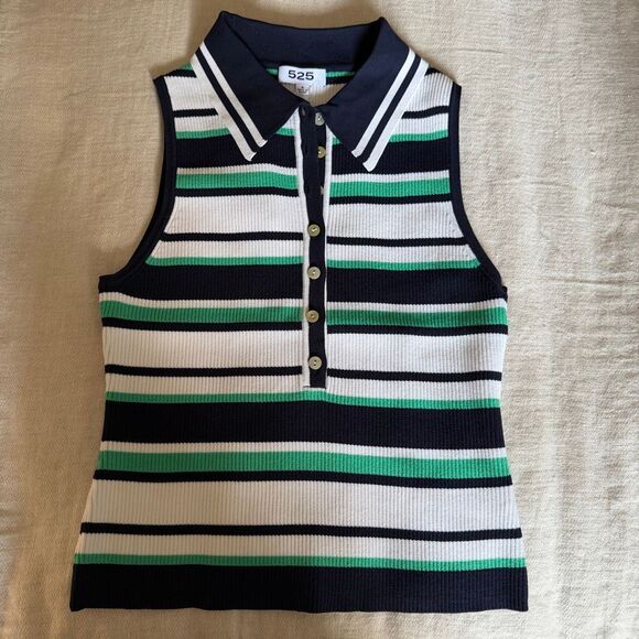 525 America Vivienne Johnny Collar Striped Tank in Dark Blue Multi S - Picture 5 of 8